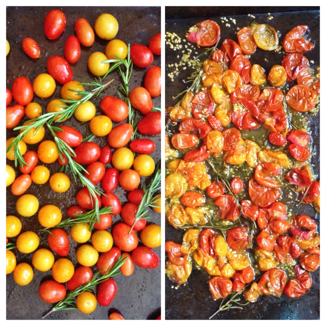 Slow roasted tomatoes with garlic oil and rosemary: before and after